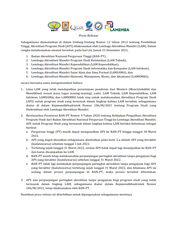 PressRelease Akreditasi Program Studi oleh LAM